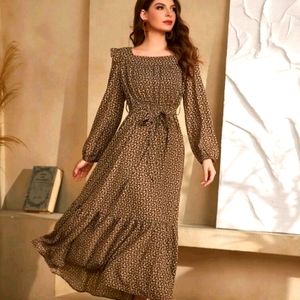 Ditsy Floral Ruffle Trim Belted A-line Dress